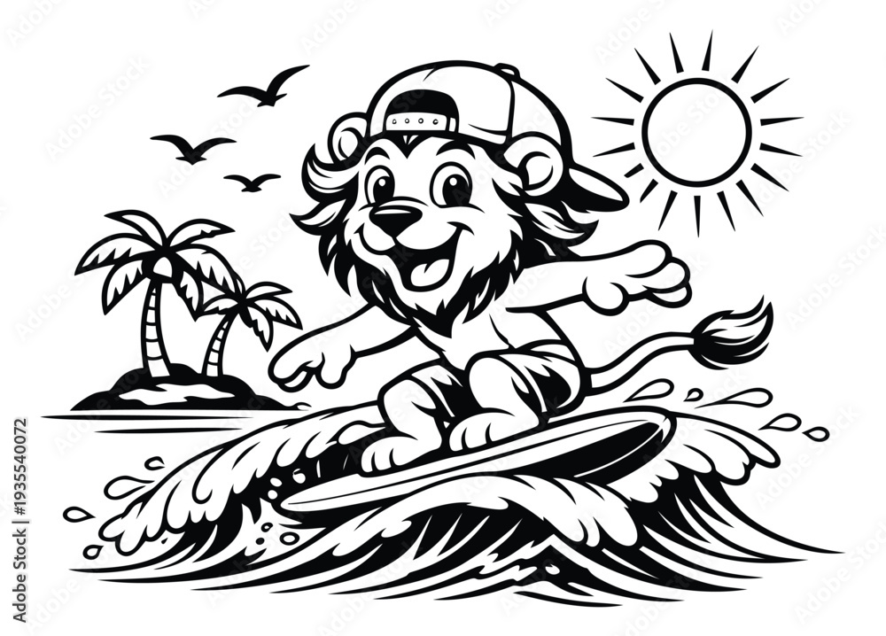 Obraz premium Hand drawn line art illustration of a lion mascot depicting surfing on a wave for summer vacation
