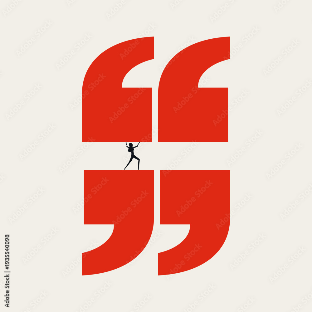 Obraz premium Minimal vector illustration concept of a woman under communication stress. Female silhouette experiencing heavy pressure, crushed by a giant red quote mark, depicting the toll of corporate gossip.