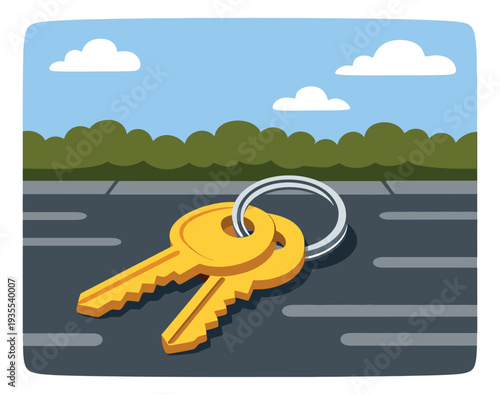 Modern flat design keys set featuring two golden keys on a silver keyring for real estate and security concepts