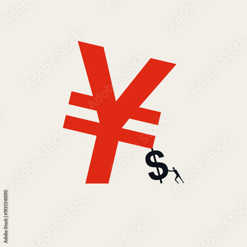Minimal vector illustration concept of global economy and finance. A businessman uses a US dollar symbol to support a falling Japanese yen sign. Corporate currency exchange and debt management graphic