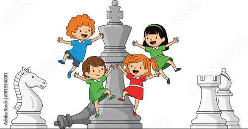 Cute Cartoon Kids Playing on Giant Chess Pieces, Fun and Educational Chess Game Illustration for Children