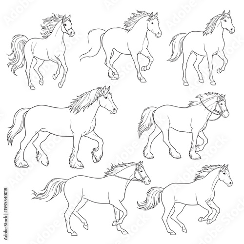 Set of running horse silhouettes in vector style showing wild and farm animals in a simple illustration collection