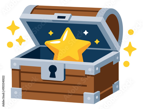 Cartoon illustration of an open treasure chest depicting a glowing golden star for game reward