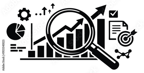 Modern flat icon business analytics set featuring a magnifying glass, charts, gear, document, and target for market research and financial strategy