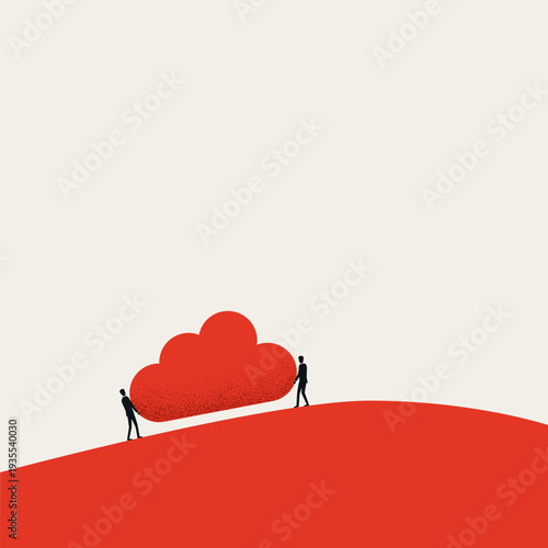 Minimal vector illustration concept of business teamwork. Two businessmen carrying a red cloud up a steep hill, representing shared effort, corporate collaboration and challenging team goals.
