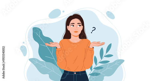 Illustration of a woman shrugging with her hands up and a question mark above her head representing confusion or doubt.