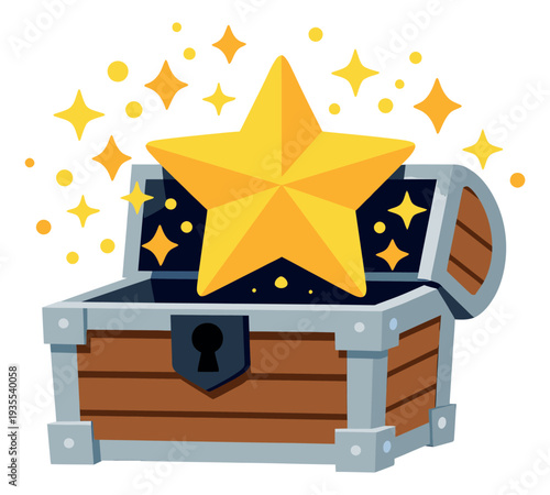 Cartoon illustration of a treasure chest depicting a shining gold star for reward concepts