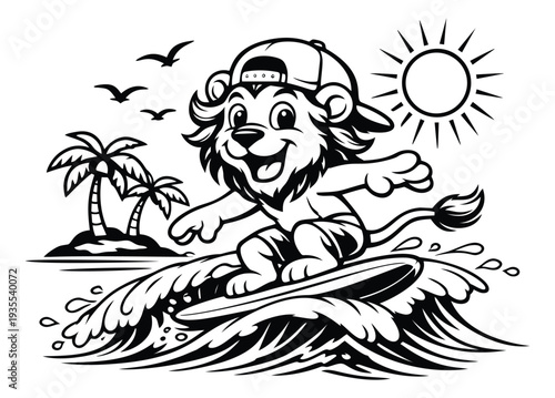 Hand drawn line art illustration of a lion mascot depicting surfing on a wave for summer vacation