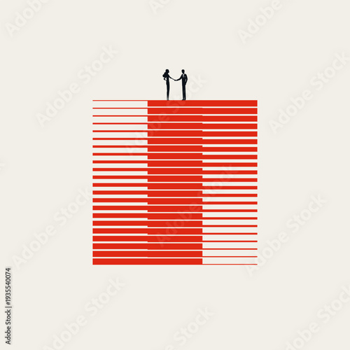 Minimal vector illustration concept of a business acquisition. Corporate professionals complete a negotiation handshake deal atop a geometric red structure, representing successful market integration.