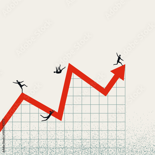 Minimal vector illustration concept of a volatile stock exchange graph. Businessmen navigating a fluctuating red arrow chart. Corporate symbol depicting market growth, volatility and change.