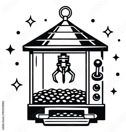 Hand drawn line art illustration of a claw machine depicting a game of chance for arcade entertainment