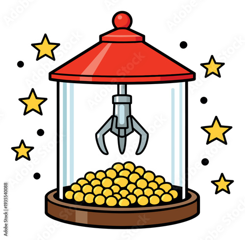 Hand drawn line art illustration of a claw machine depicting prizes for arcade games