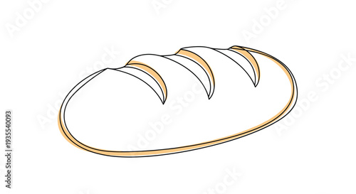 Minimalist line drawing of a fresh loaf of bread with a soft orange highlight is isolated on a white background.