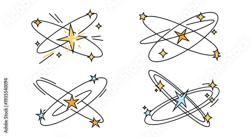 Set of four colorful comic style dizzy stars with motion circles provides creative elements for dynamic illustrations.