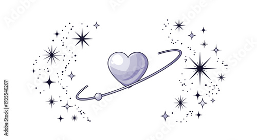 Metallic silver heart shaped planet with a planetary ring orbiting through a starry galaxy with glittering cosmic stars.