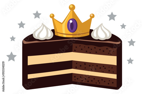 Graphic illustration of a slice of chocolate cake depicting a golden crown and whipped cream for celebration