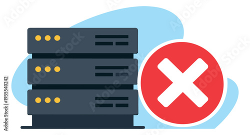Flat design illustration of a server rack depicting a system error for IT problems