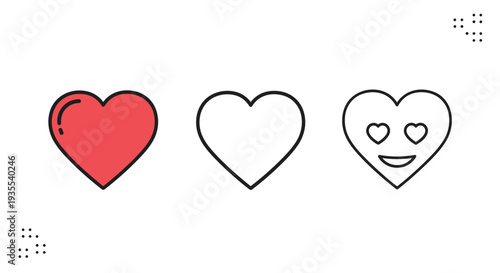 Set of three heart icons including a solid red heart, a simple black outline, and a heart eyes smiling face emoticon.