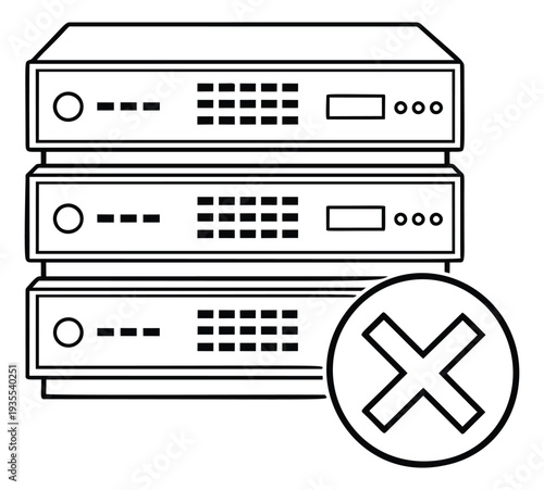 Line art illustration of server racks depicting a system error for network technology