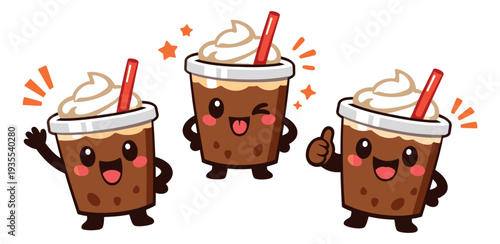 Cute cartoon iced coffee drinks set featuring whipped cream, red straws, and various expressive poses for cafe or beverage related design