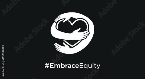 Pair of hands embracing a white heart symbol on a black background with embrace equity hashtag for international womens day.