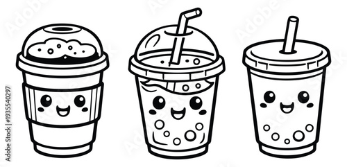 Hand drawn line art kawaii drink cups set featuring a frappe, bubble tea, and soda cup with smiling faces for cafe menus or kids coloring