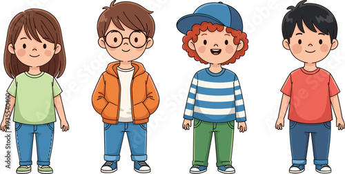 Cute Cartoon Kids in Casual Clothes with Colorful Outfits, Ready for Playtime and Outdoor Adventures