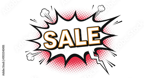 Sale announcement text inside a comic book style speech bubble with halftone dots and a lightning bolt crack effect.