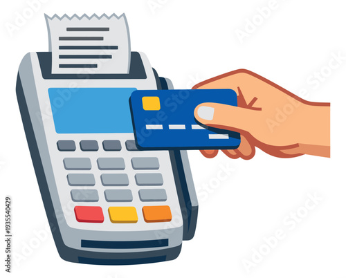Modern flat design illustration of a credit card payment depicting a hand processing a transaction with a POS terminal for retail and finance