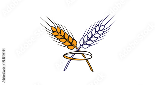 Symbol of peace and agriculture featuring crossed wheat ears in orange and blue colors with a halo on white background.