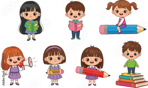 Set of Cute Cartoon Kids with Books, Pencils, and Megaphone for School, Learning, and Playtime Activities