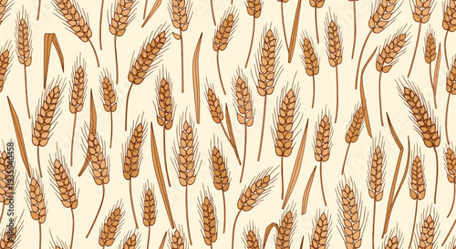 Seamless botanical pattern featuring many hand drawn ears of wheat in warm brown and tan colors on a light background.