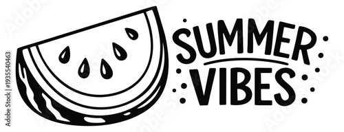 Hand drawn line art illustration of a watermelon slice depicting summer vibes for holiday designs