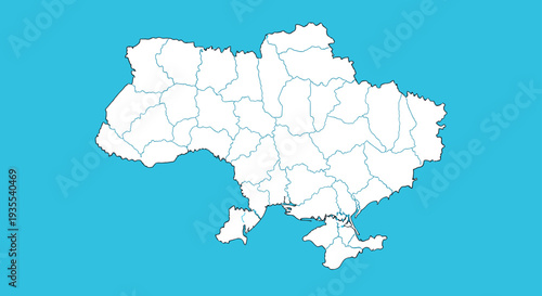 Detailed white outline map of Ukraine showing administrative boundaries of its regions set against a solid blue background.