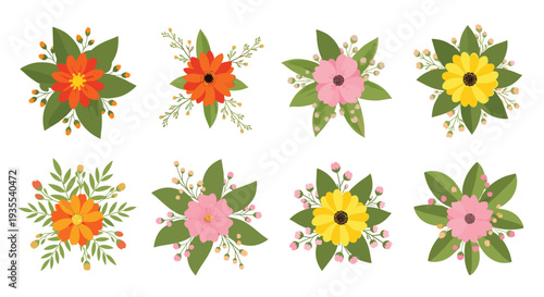 Diverse set of eight colorful floral arrangements with various flower types and green leaves for decorative purposes.