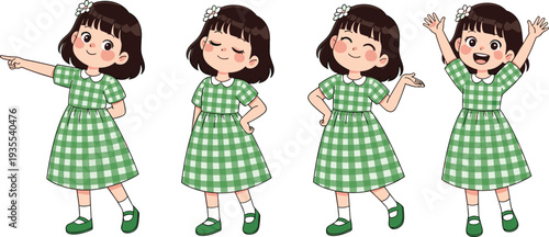 Cute Cartoon Girl in Green Gingham Dress with Different Poses and Happy Expressions, Perfect for Kids Illustration