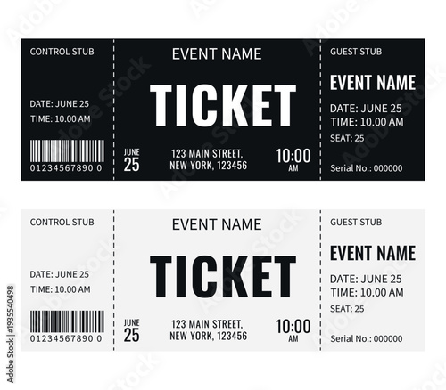 Modern Black and White Ticket. Admit One. Vector 