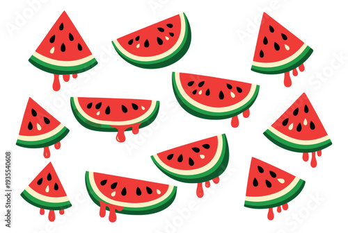 Clip art watermelon slices set featuring refreshing fruit with dripping juice for summer designs