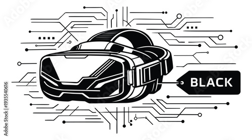 Line art illustration of a virtual reality headset depicting digital connection with a black sale tag for technology promotions