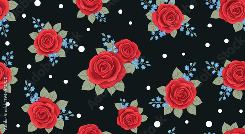 Romantic seamless pattern featuring red roses, blue flowers, and green leaves over a black background with white polka dots.