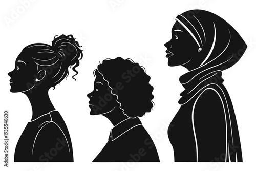 Diverse women side profile silhouettes set including bun hairstyle curly hair and hijab woman representation female diversity culture identity women empowerment portrait collection