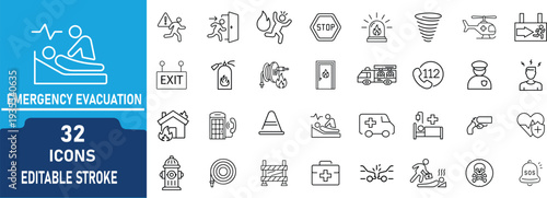 Emergency Services Line Icon Set. Contain to related icons emergency, evacuation, emergency services, rescue, safety, Evacuation Vector Icons Collection – Outline Style