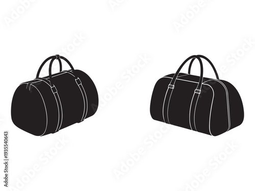 Two black duffel bags with white outlines and straps on white background  travel luggage