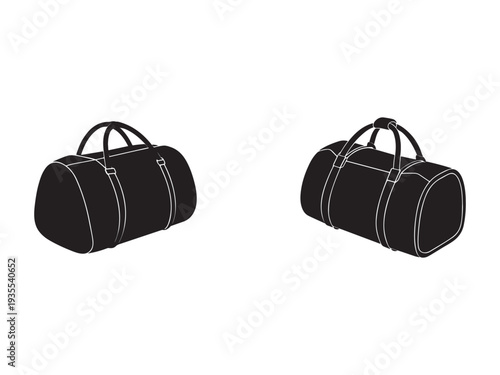 Two black duffel bags with white outlines and handles on white background  travel luggage