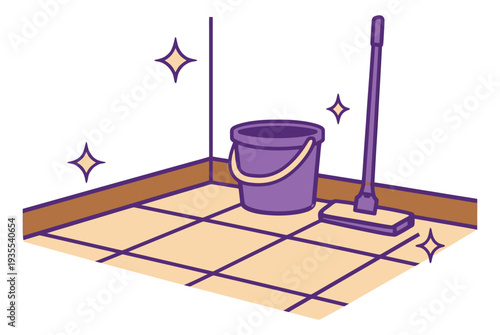 Hand drawn line art illustration of cleaning bucket and mop depicting a sparkling clean floor and wall for domestic hygiene