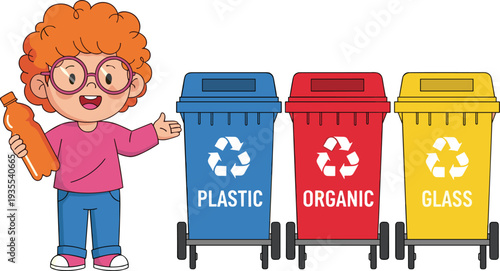 Cute Cartoon Kid Teaching Recycling with Plastic Organic and Glass Bins Vector Illustration