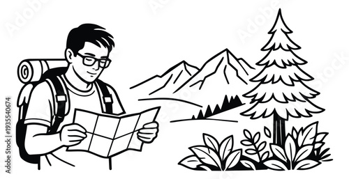 Hand drawn line art illustration of a hiker depicting a man reading a map in a mountain landscape for outdoor adventure