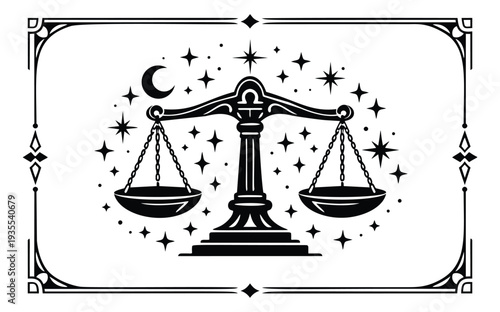 Mystical graphic illustration of the Libra zodiac sign depicting a celestial scene for astrology and horoscopes