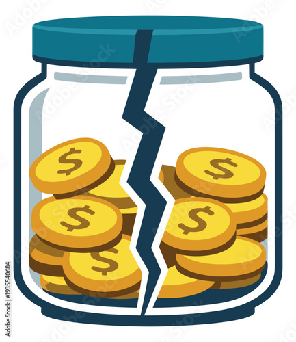 Flat design illustration of a cracked savings jar depicting financial loss for bankruptcy concept