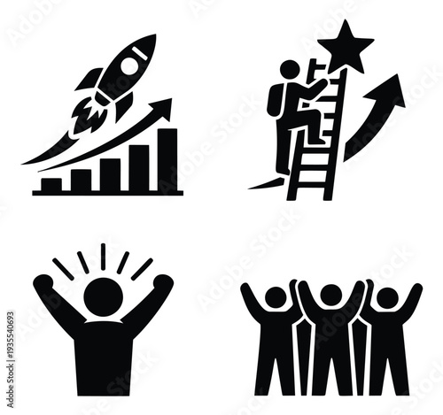 Solid glyph success icon set featuring a rocket, climbing person, celebrating figure, and a triumphant team for business and personal growth